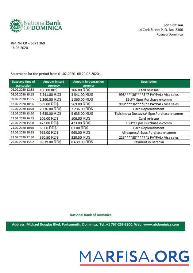 Realistic Dominica National Bank of Dominica bank statement word template
